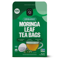 FGO Organic Moringa Mint Tea bags ready for brewing, caffeine-free ritual.