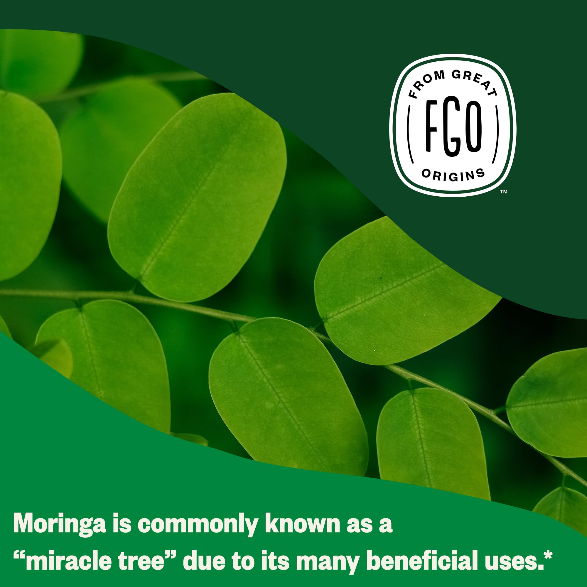 FGO Organic Moringa Tea dry leaves close-up reveals vibrant green tips.