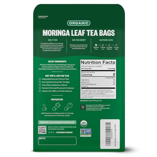 FGO Organic Moringa Tea foil-lined kraft packaging showcases eco-conscious design.