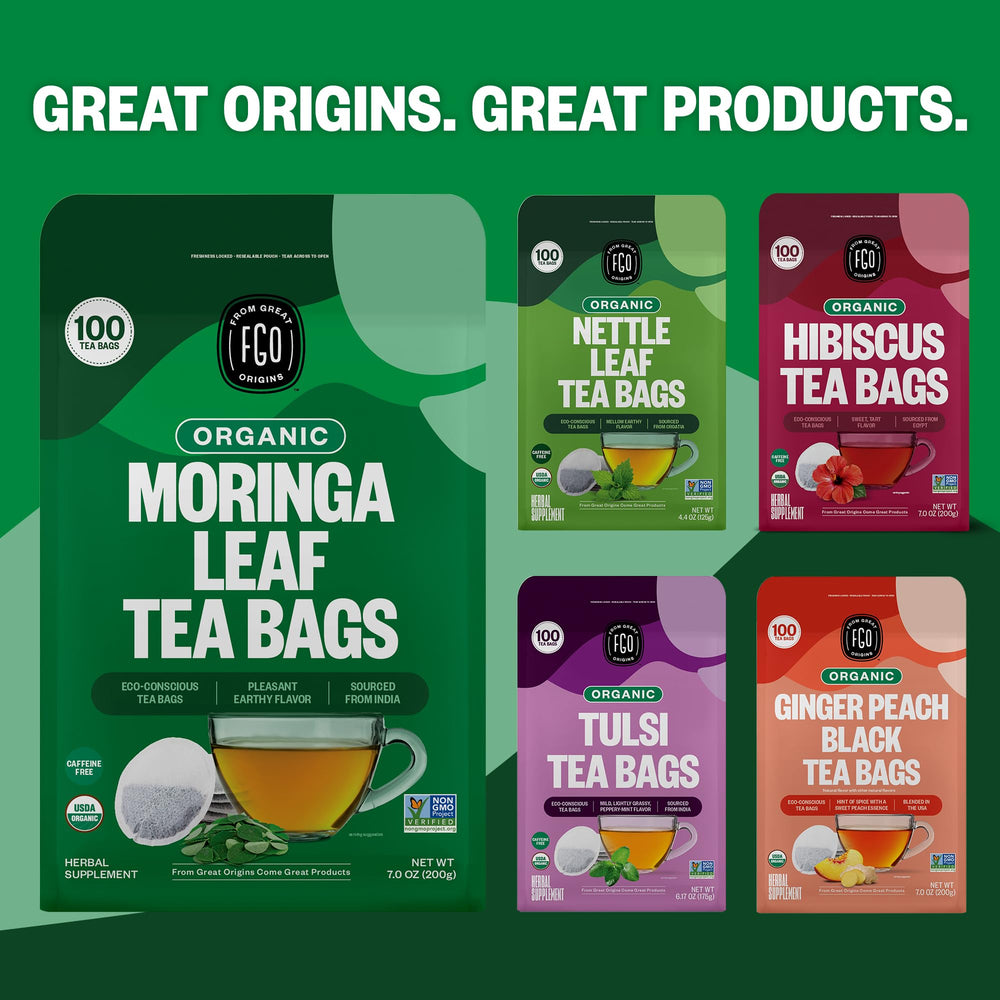 FGO Organic Moringa Tea packaging variety hints at gift-ready presentation.