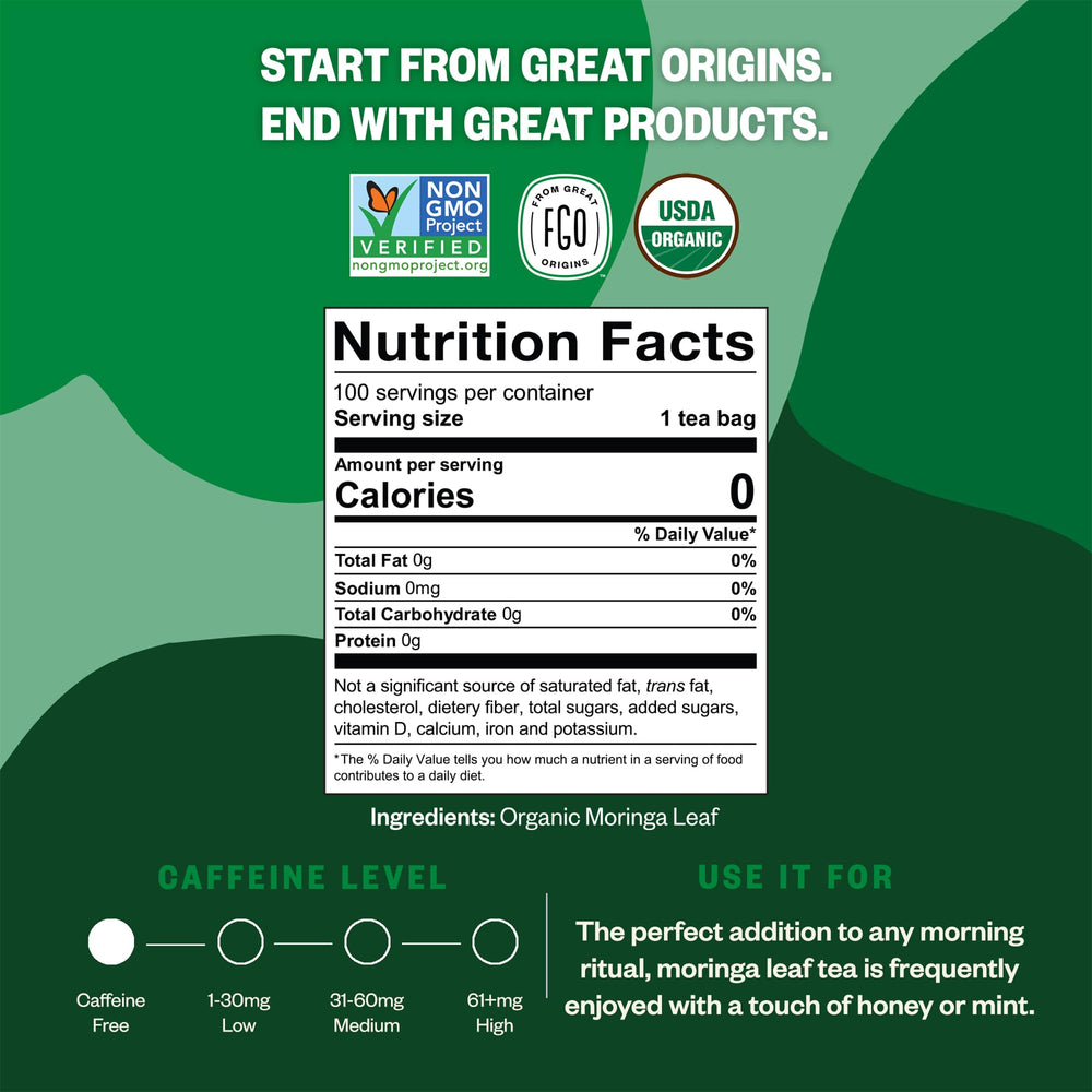 FGO Organic Moringa Tea resealable bag preserves freshness between uses.