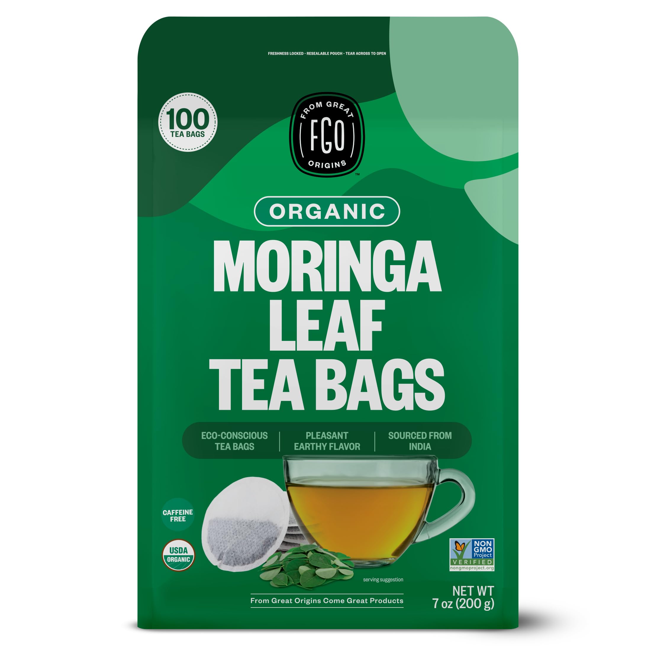 FGO Organic Moringa Tea tea bags ready for a calming, caffeine-free cup.