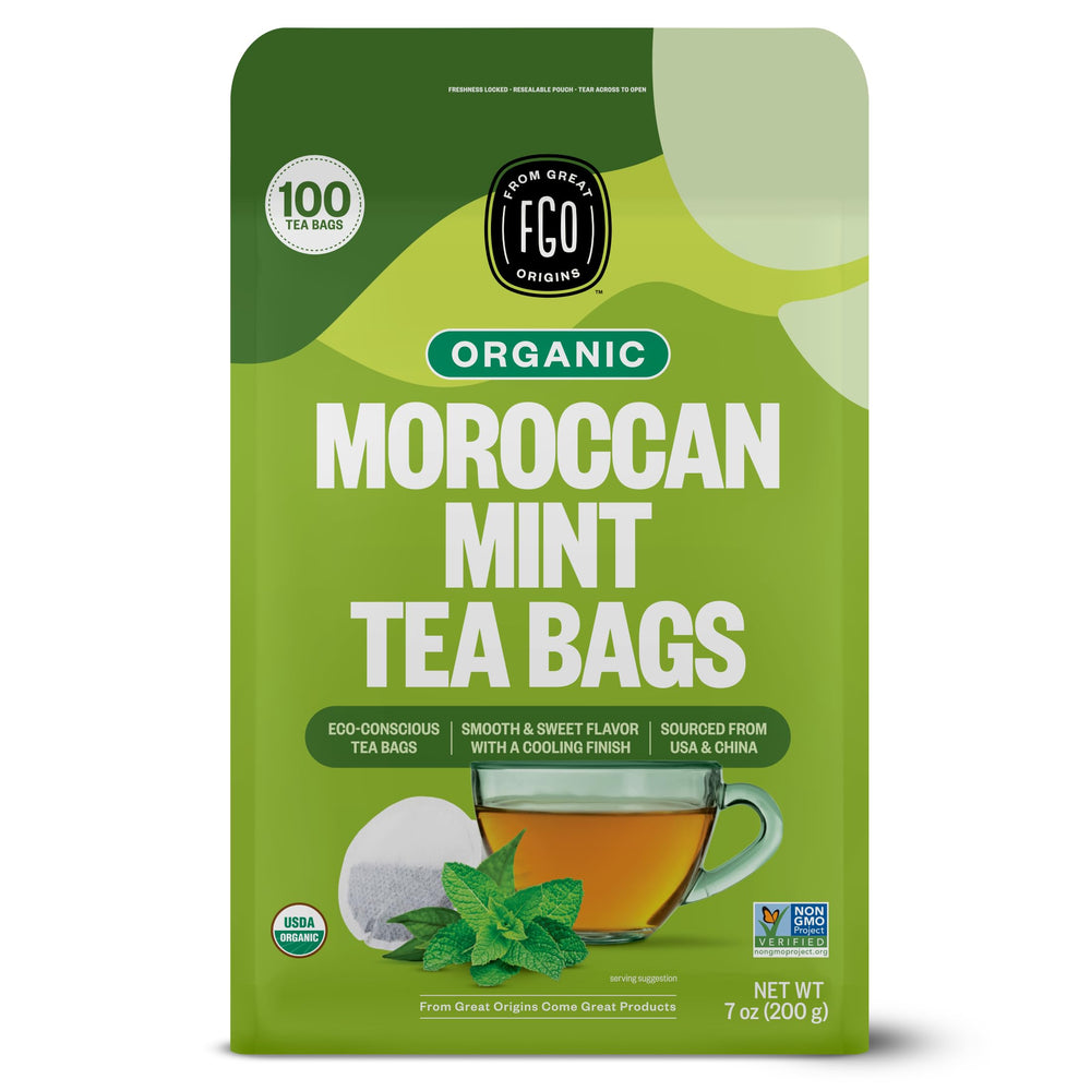FGO Organic Moroccan Mint Tea bags in pack for convenient brewing.