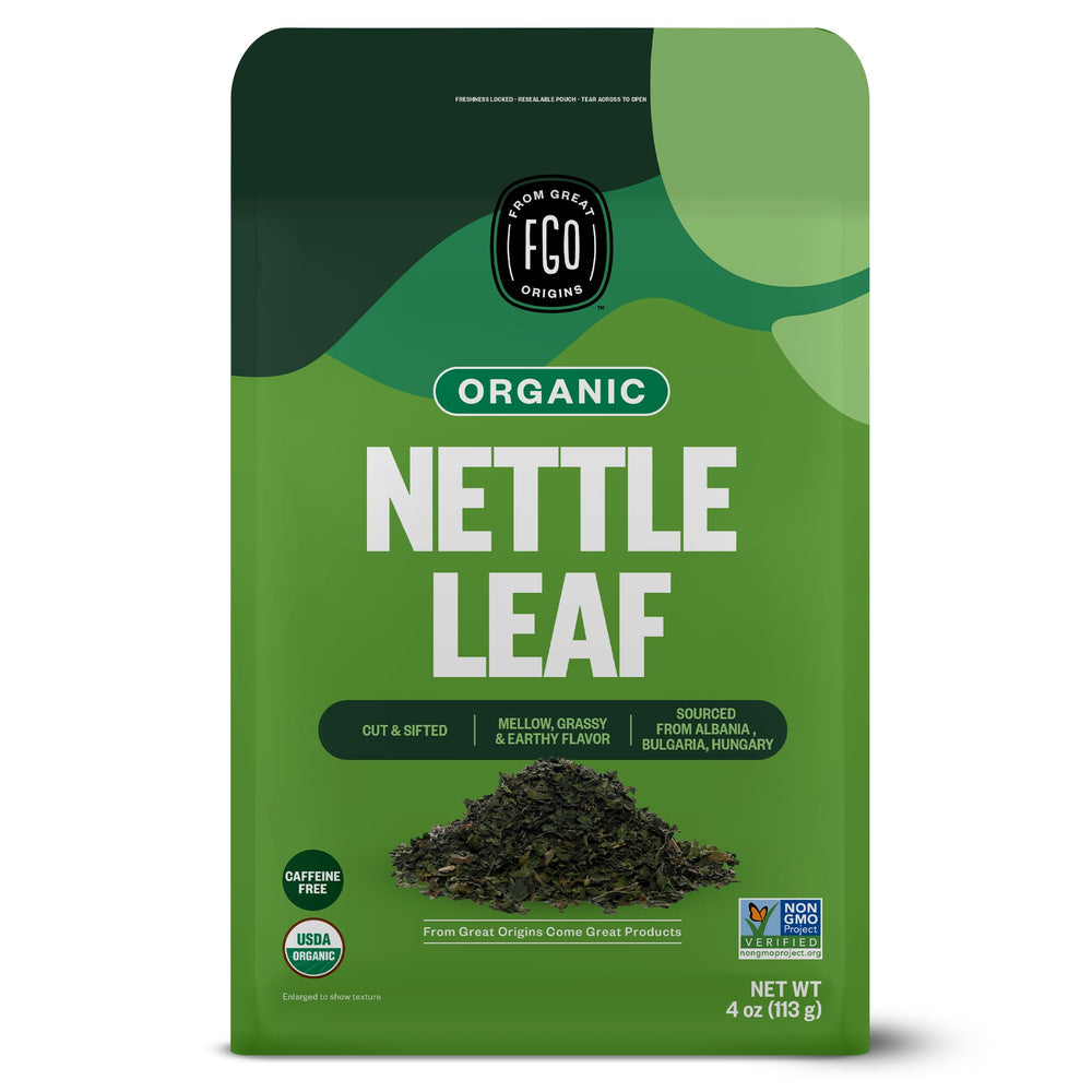 FGO organic nettle leaf tea in a resealable bag showing loose leaves for freshness.