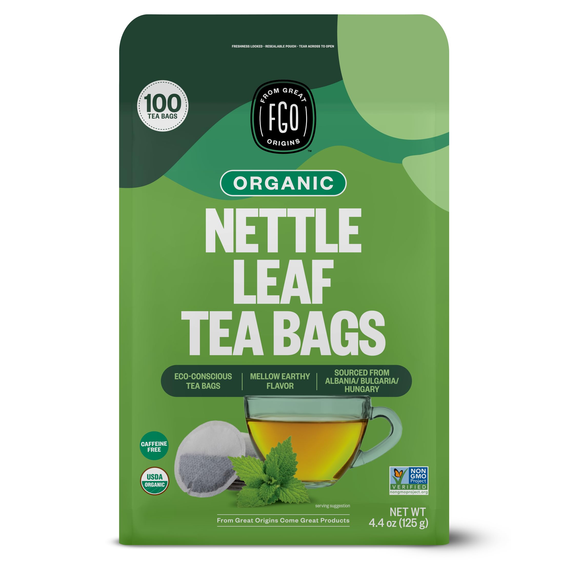 FGO Organic Nettle Tea bags in eco-friendly packaging for a caffeine-free daily ritual