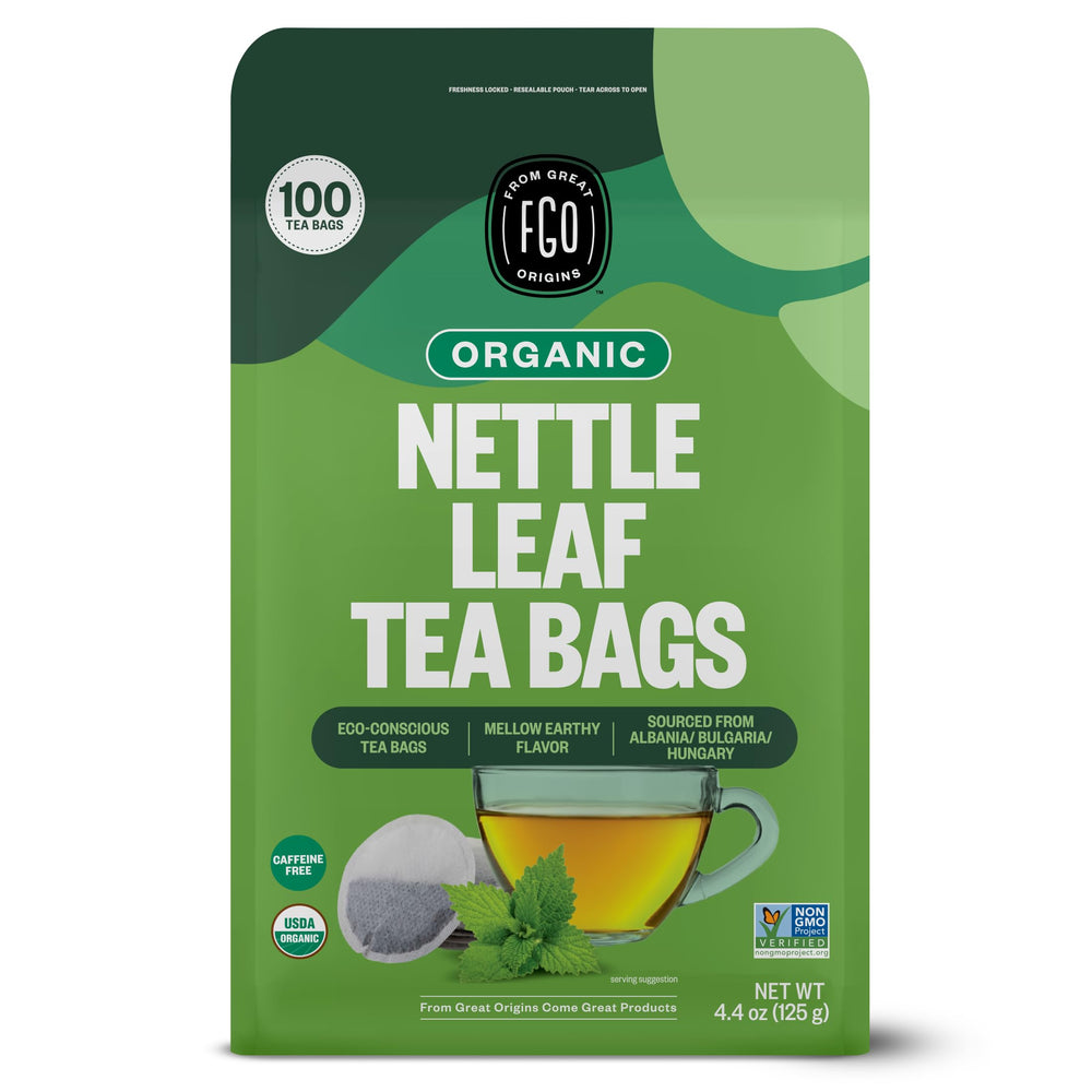 FGO Organic Nettle Tea bags in eco-friendly packaging for a caffeine-free daily ritual