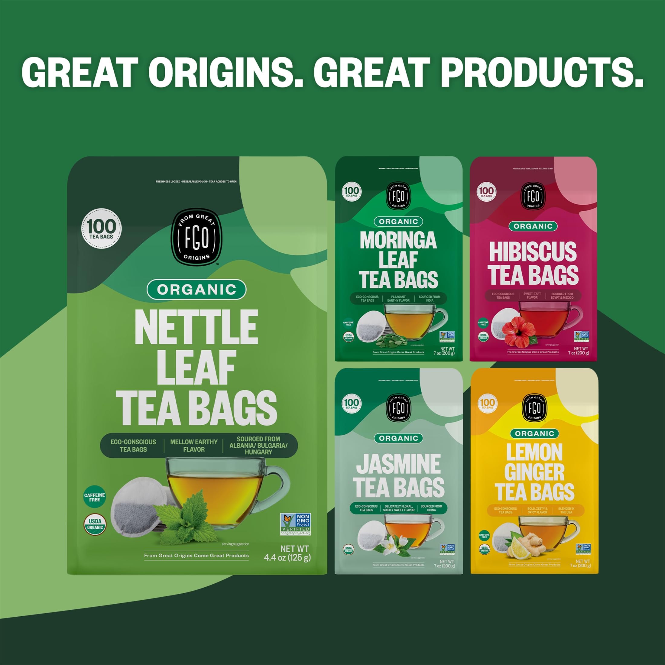 USDA Organic and Non-GMO seals on FGO Nettle Tea packaging