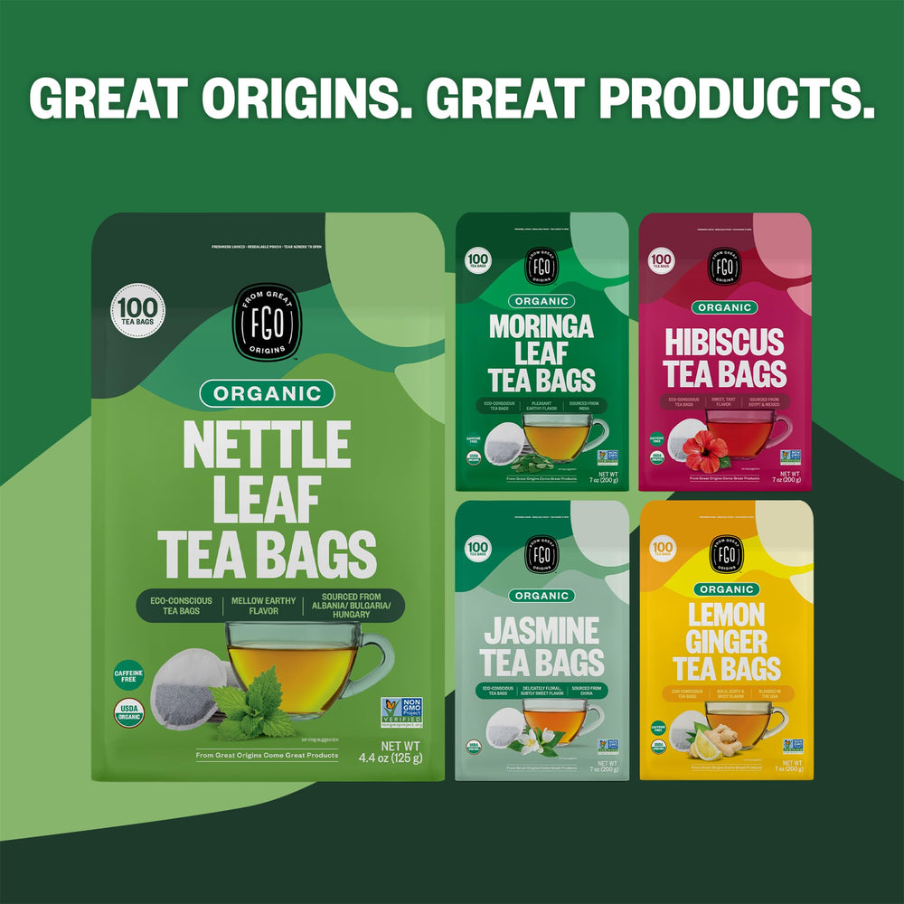 USDA Organic and Non-GMO seals on FGO Nettle Tea packaging