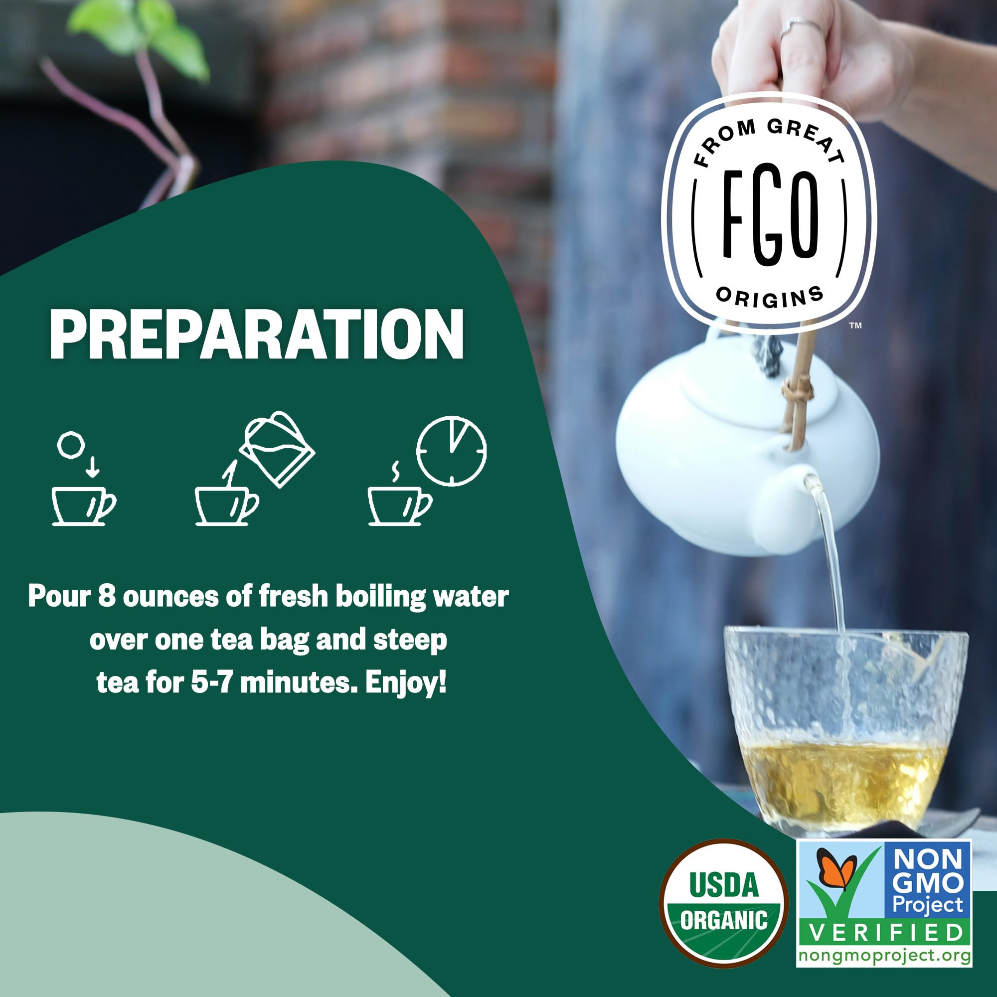 A steaming cup of FGO Organic Peppermint Tea to savor.