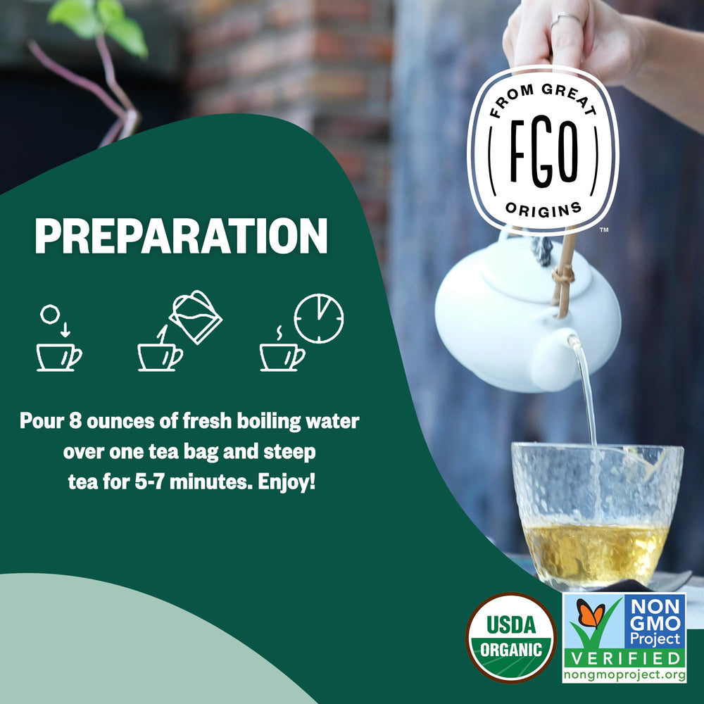 A steaming cup of FGO Organic Peppermint Tea to savor.