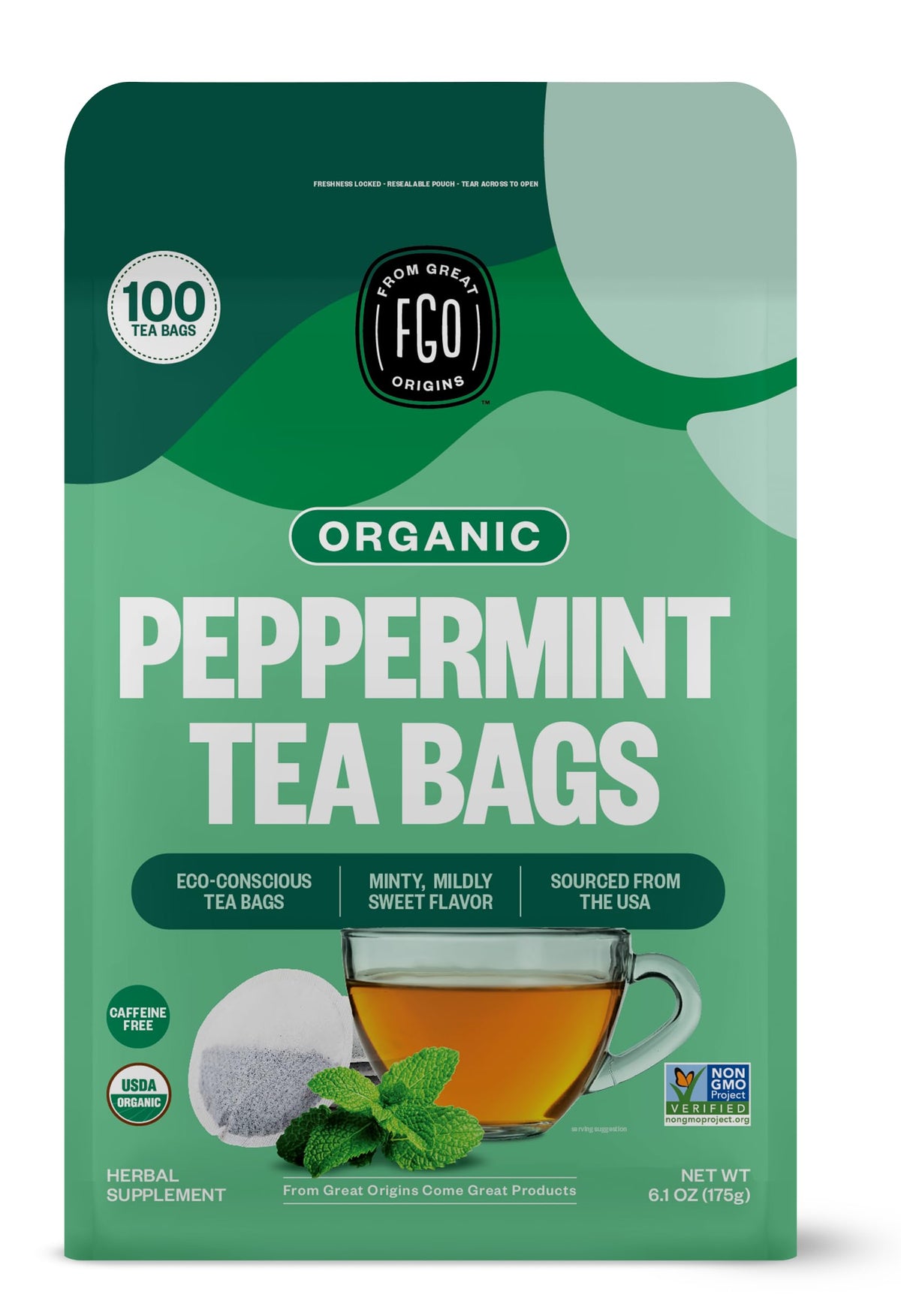 FGO Organic Peppermint Tea bags in eco-friendly packaging.