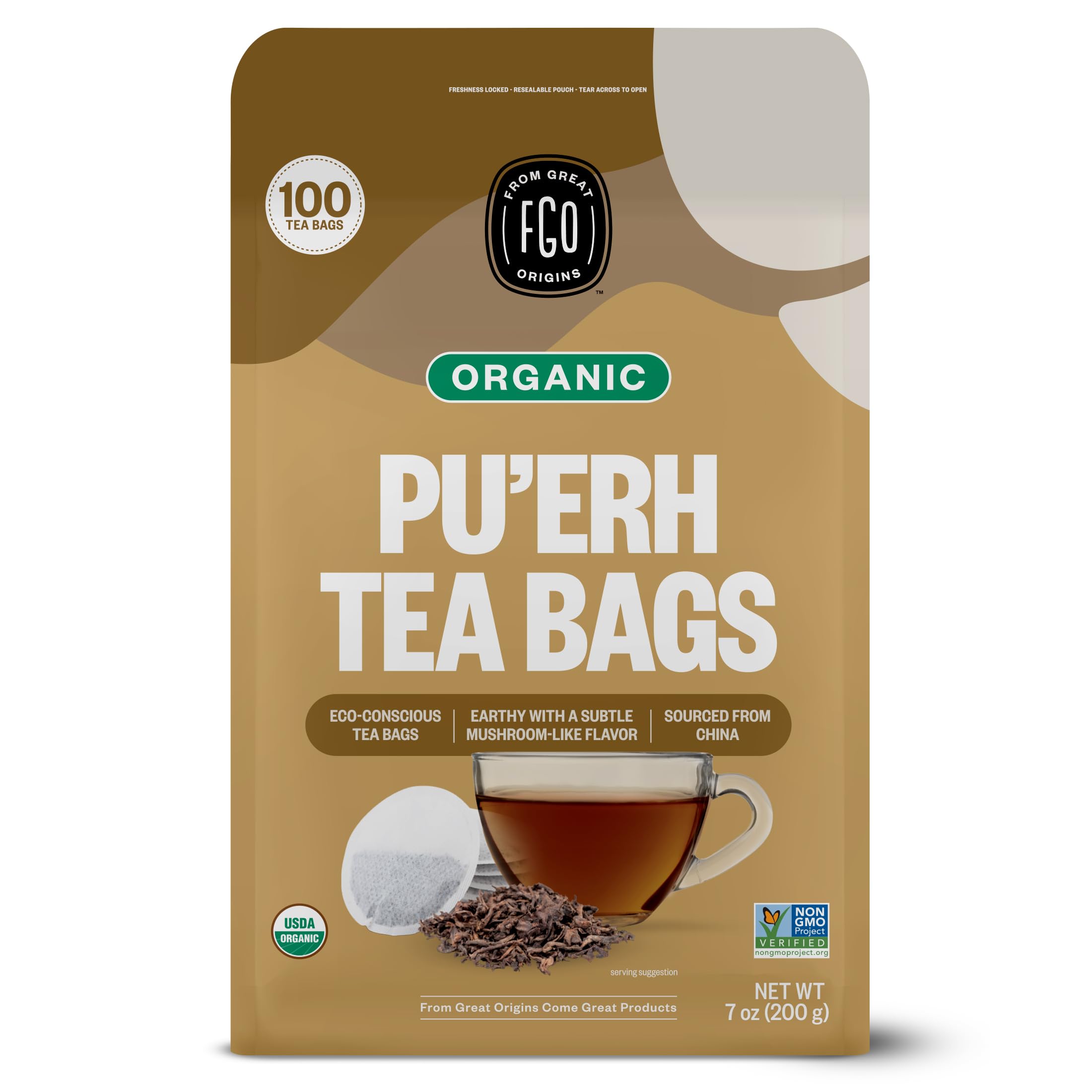 FGO Organic Pu'erh Tea front packaging highlights eco-friendly design and quality.