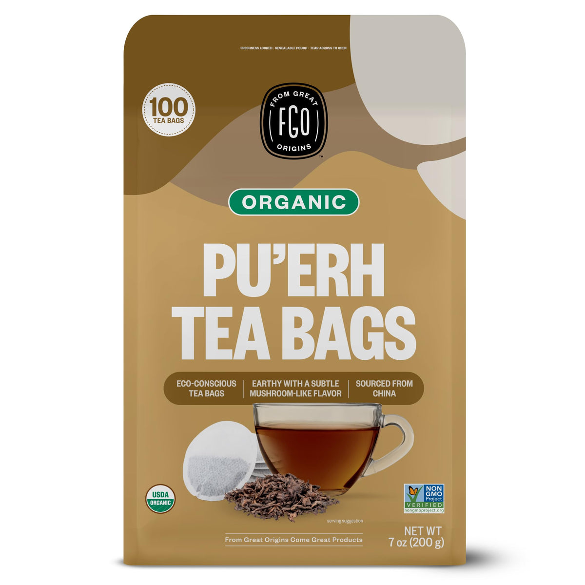 FGO Organic Pu'erh Tea front packaging highlights eco-friendly design and quality.