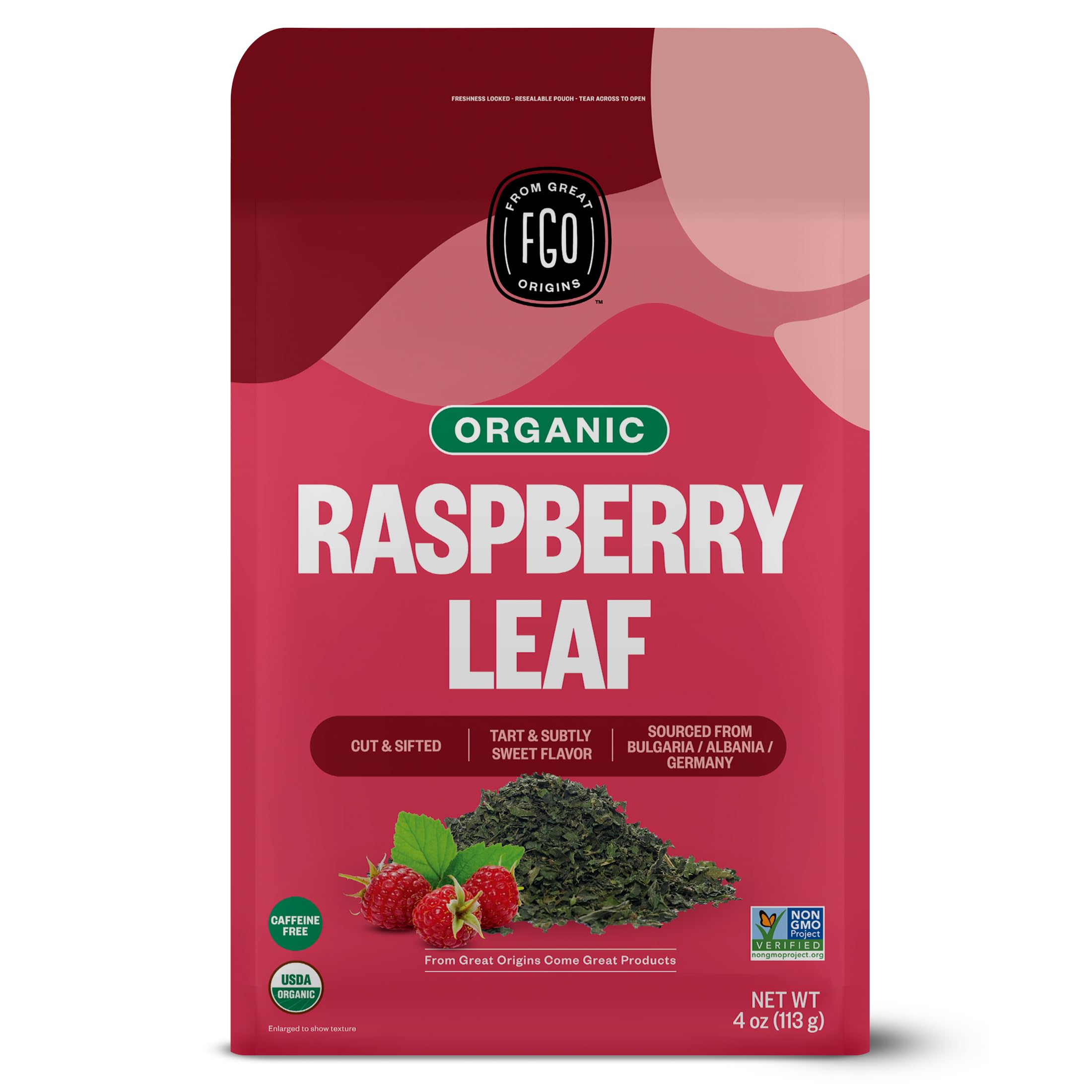 FGO Organic Red Raspberry Leaf Tea bag ready for caffeine-free infusion.