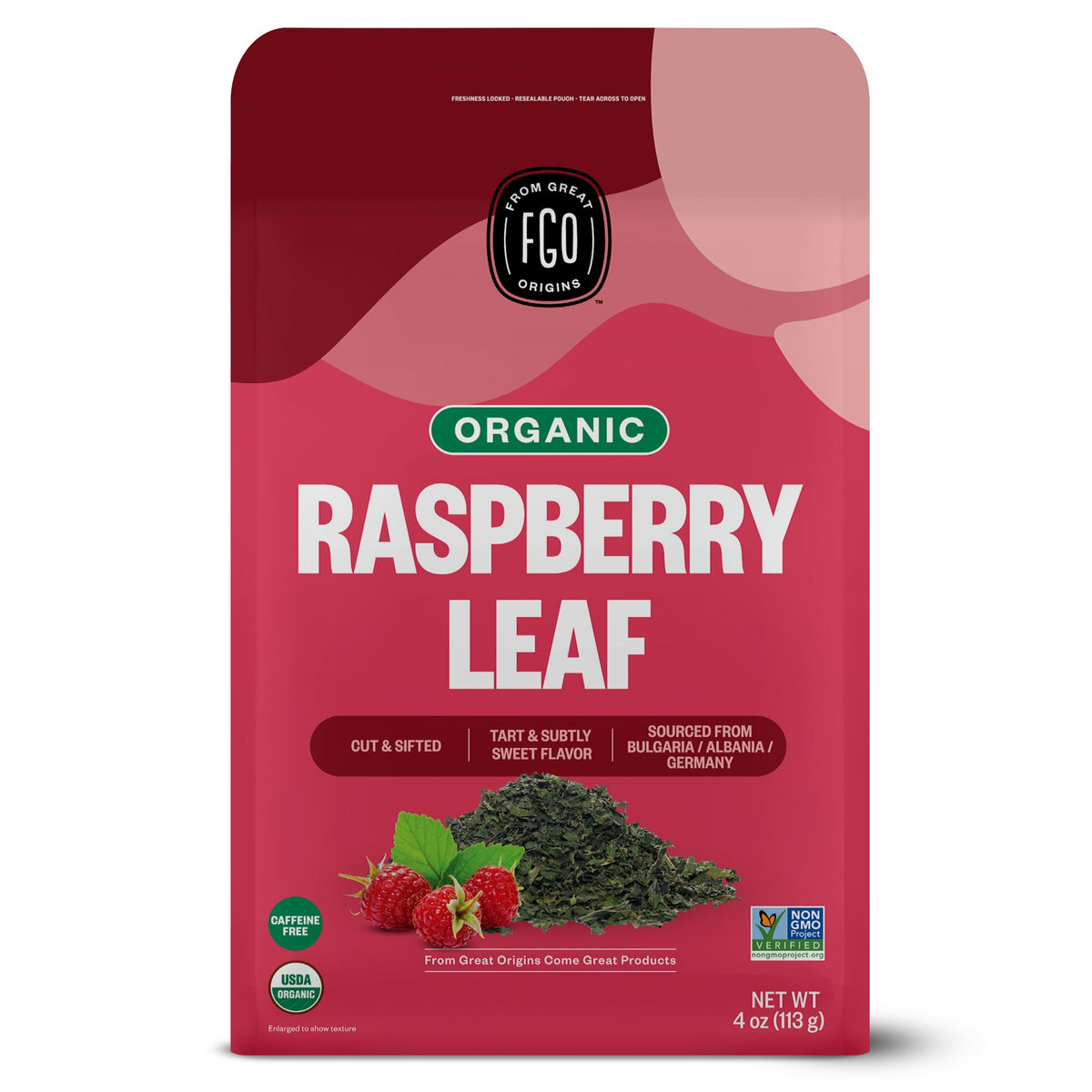 FGO Organic Red Raspberry Leaf Tea bag ready for caffeine-free infusion.