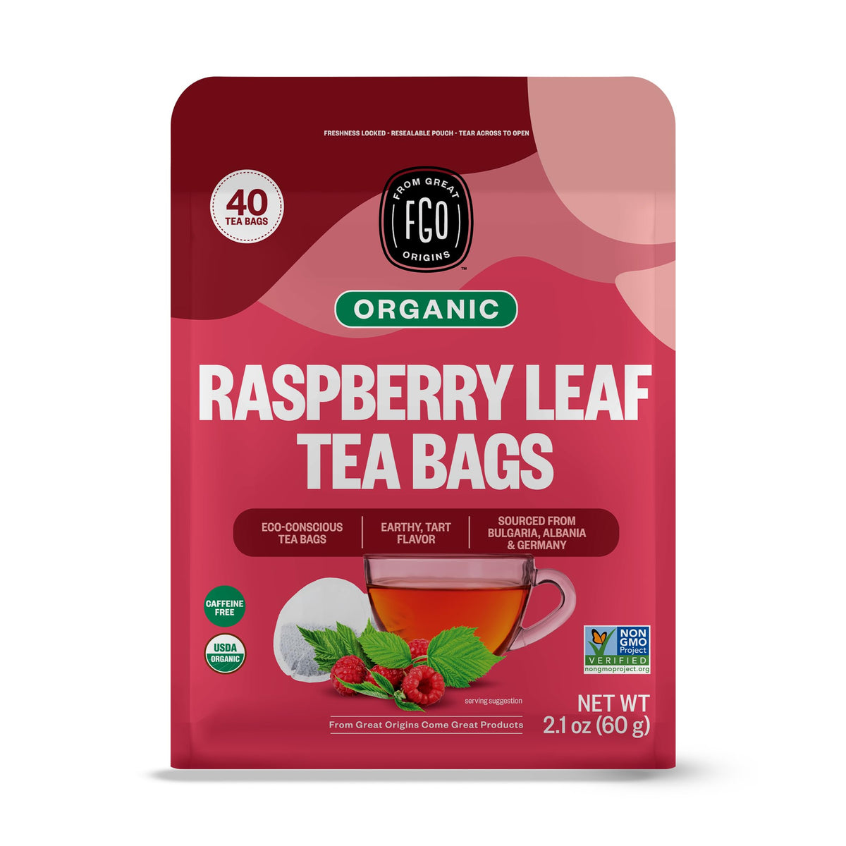 FGO Organic Red Raspberry Leaf Tea bags ready for infusion, caffeine-free herbal delight.