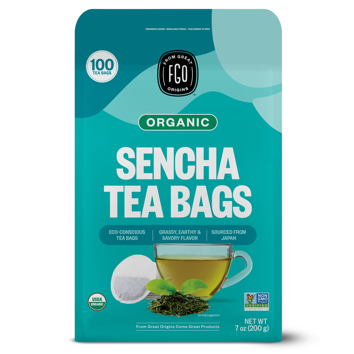 FGO Organic Sencha Green Tea bags in eco-friendly packaging for fresh daily brews.