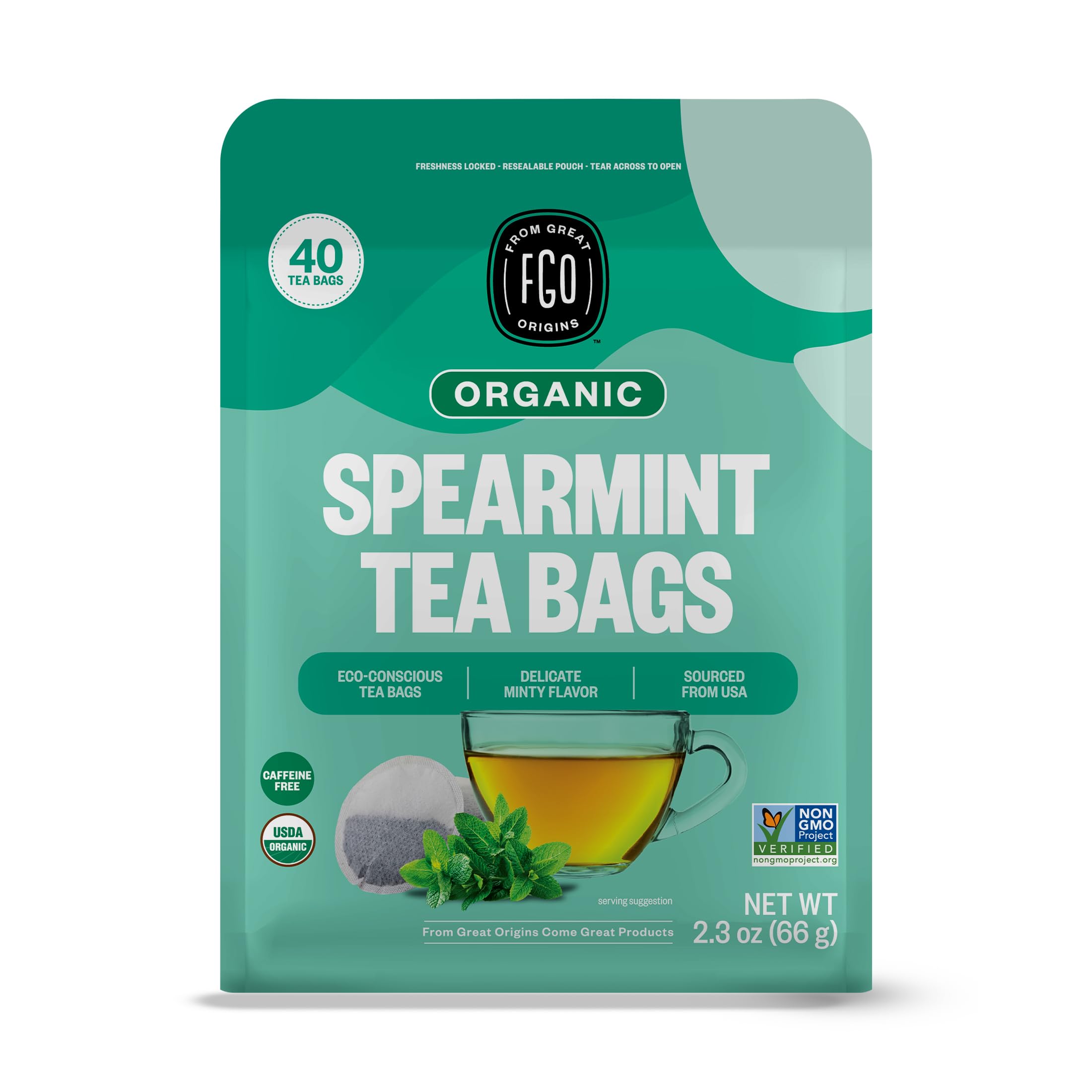 FGO Organic Spearmint Tea packaging from California preserves freshness.