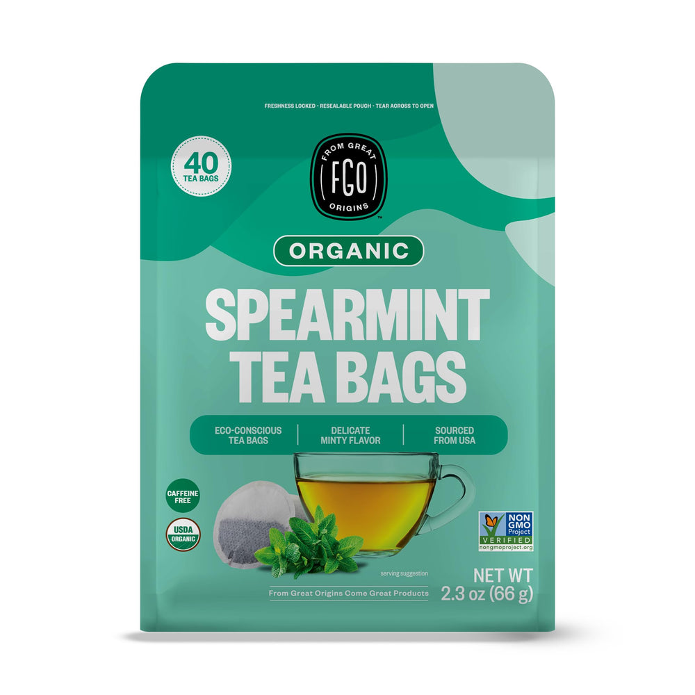 FGO Organic Spearmint Tea packaging from California preserves freshness.