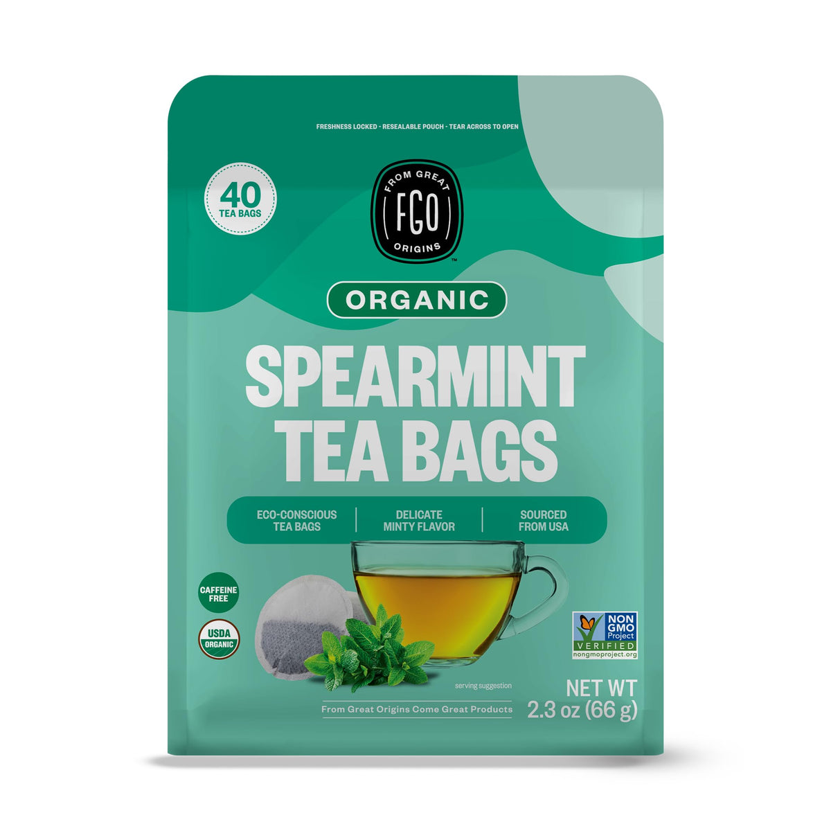 FGO Organic Spearmint Tea packaging from California preserves freshness.