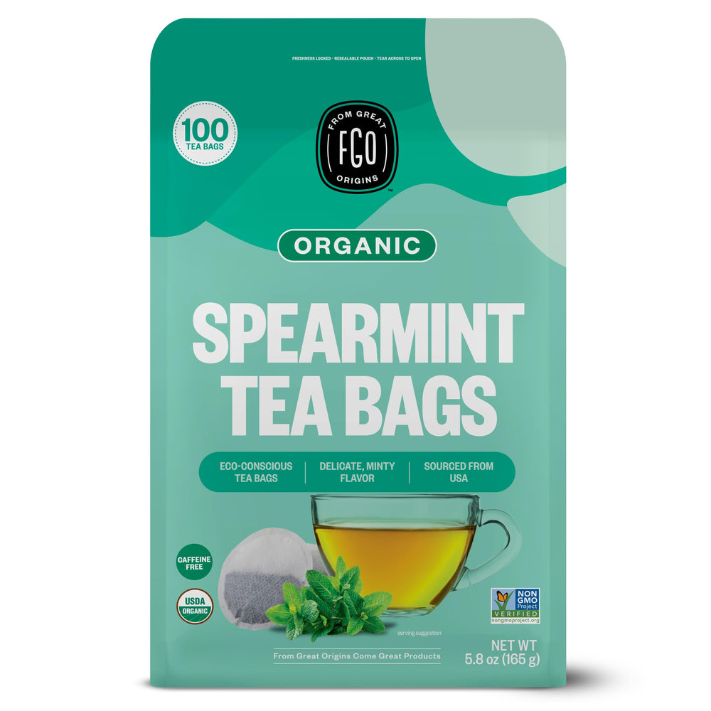 FGO Organic Spearmint Tea bags in kraft packaging for caffeine-free refreshment.