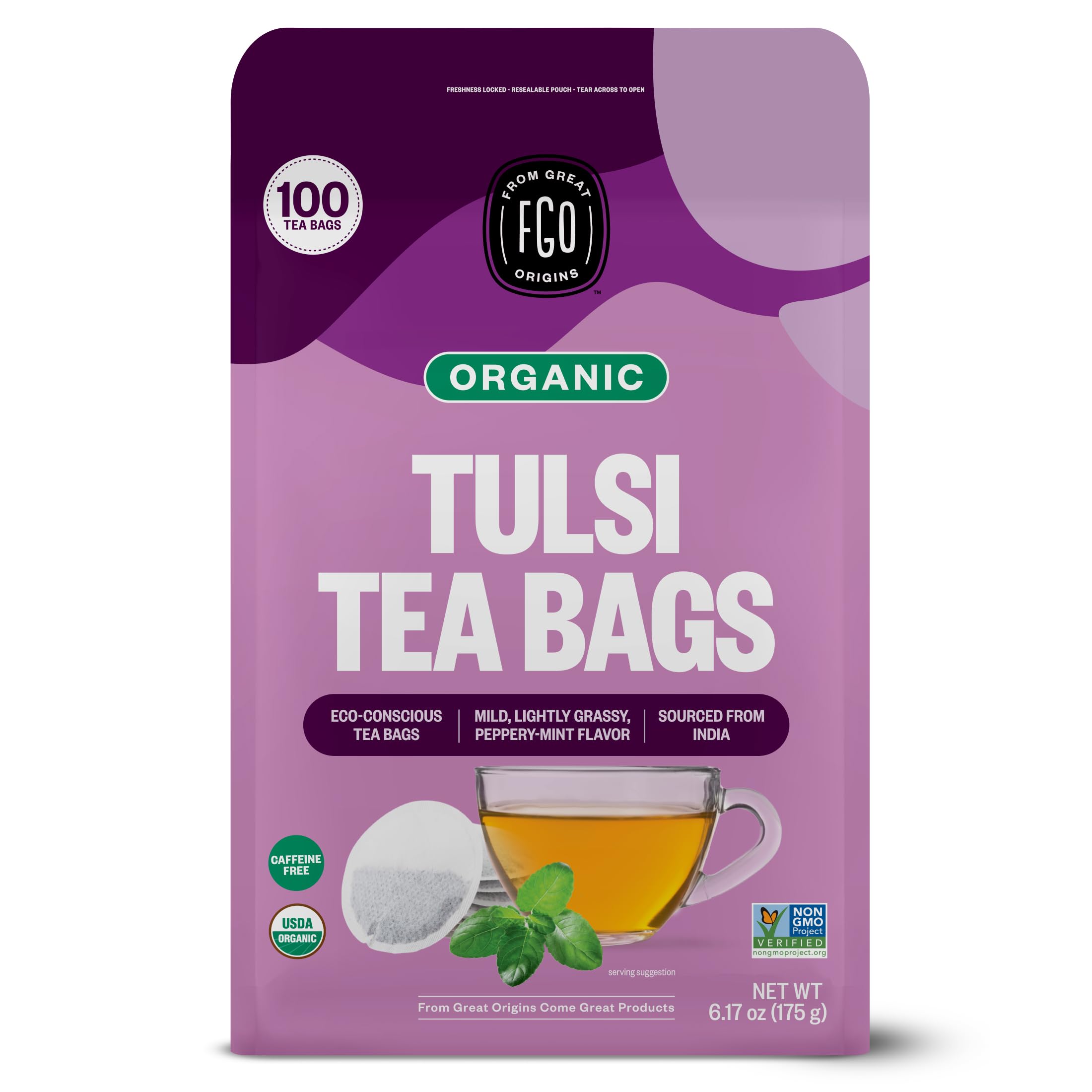 FGO Organic Tulsi tea bags packaging on shelf, eco-friendly choice.