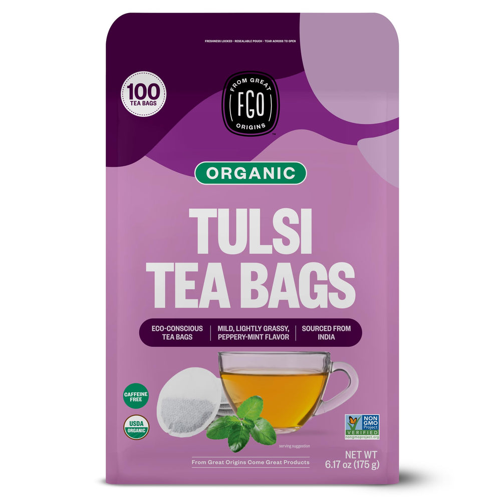FGO Organic Tulsi tea bags packaging on shelf, eco-friendly choice.