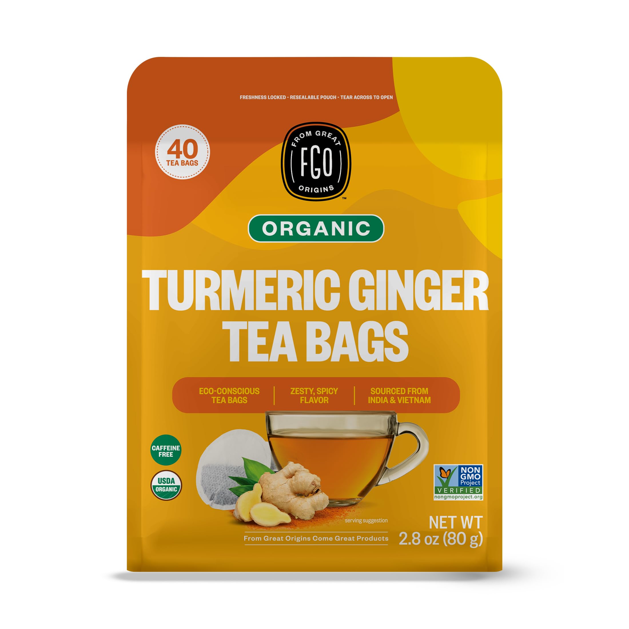 FGO Organic Turmeric Ginger tea bag close-up with warm aroma and flavor