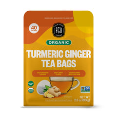 FGO Organic Turmeric Ginger tea bag close-up with warm aroma and flavor