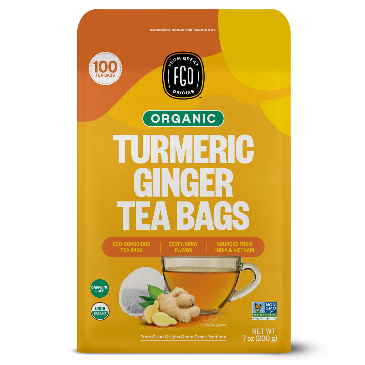 FGO Organic Turmeric Ginger Tea bags ready for a comforting cup.