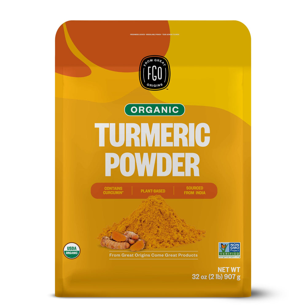 FGO Organic Turmeric Powder in a 32oz bulk resealable bag for easy cooking.