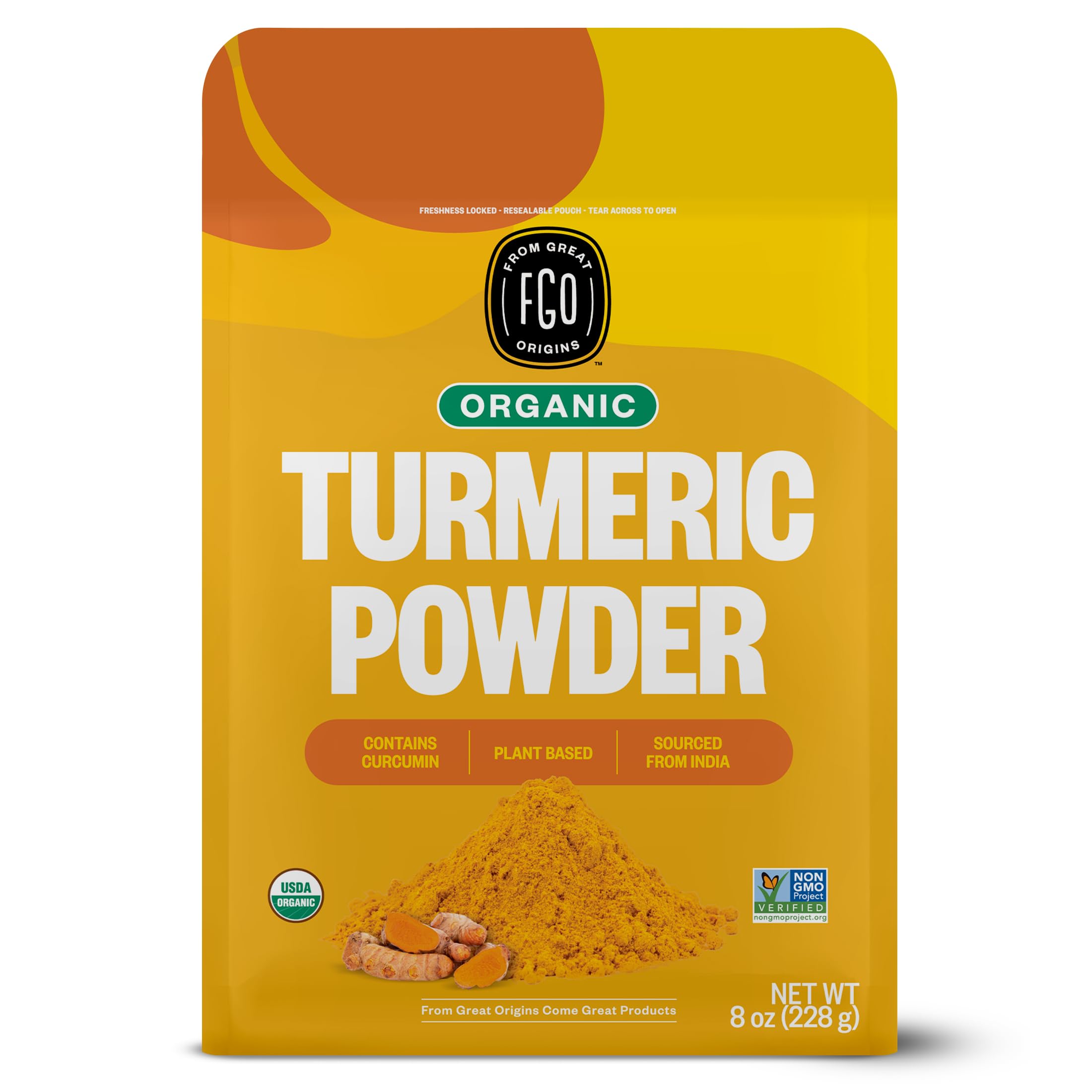 FGO Organic Turmeric Powder 8oz pouch closed, ready to color sauces