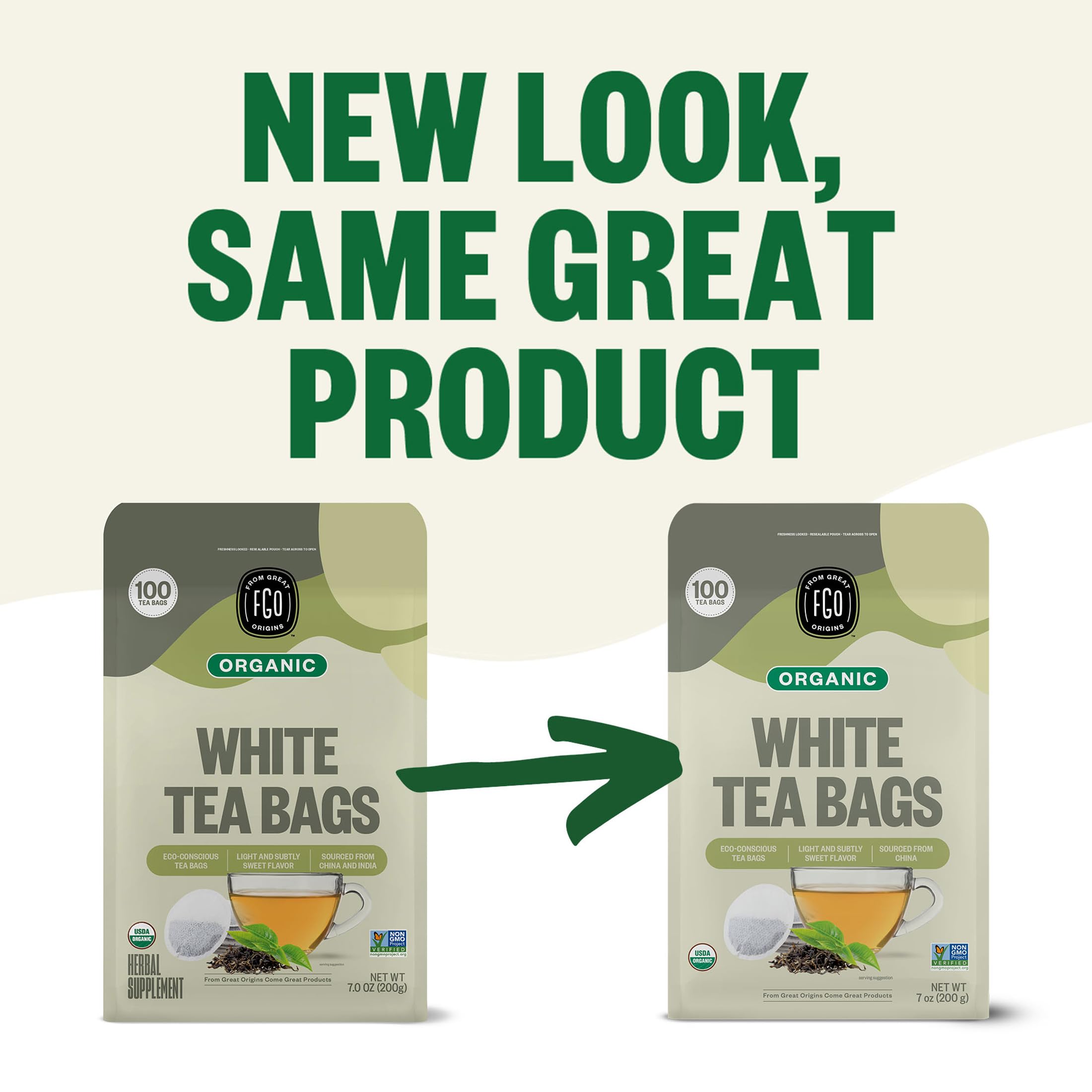 FGO Organic White Tea Abaca paper bags highlight sustainability and clean ingredients