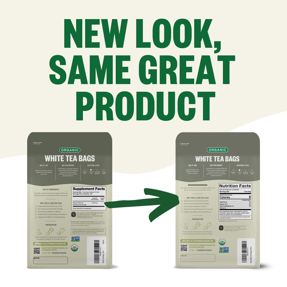 FGO Organic White Tea in foil-lined kraft bag protects freshness and aroma