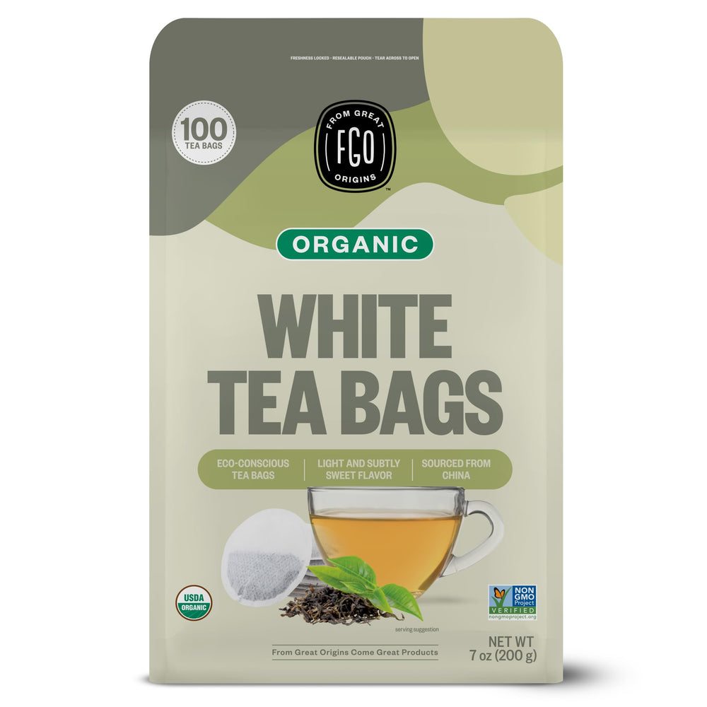 FGO Organic White Tea bags ready for brewing, with delicate aroma