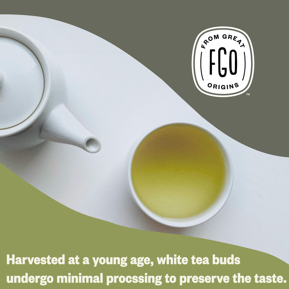 USDA Organic and Non-GMO seals appear on FGO White Tea packaging