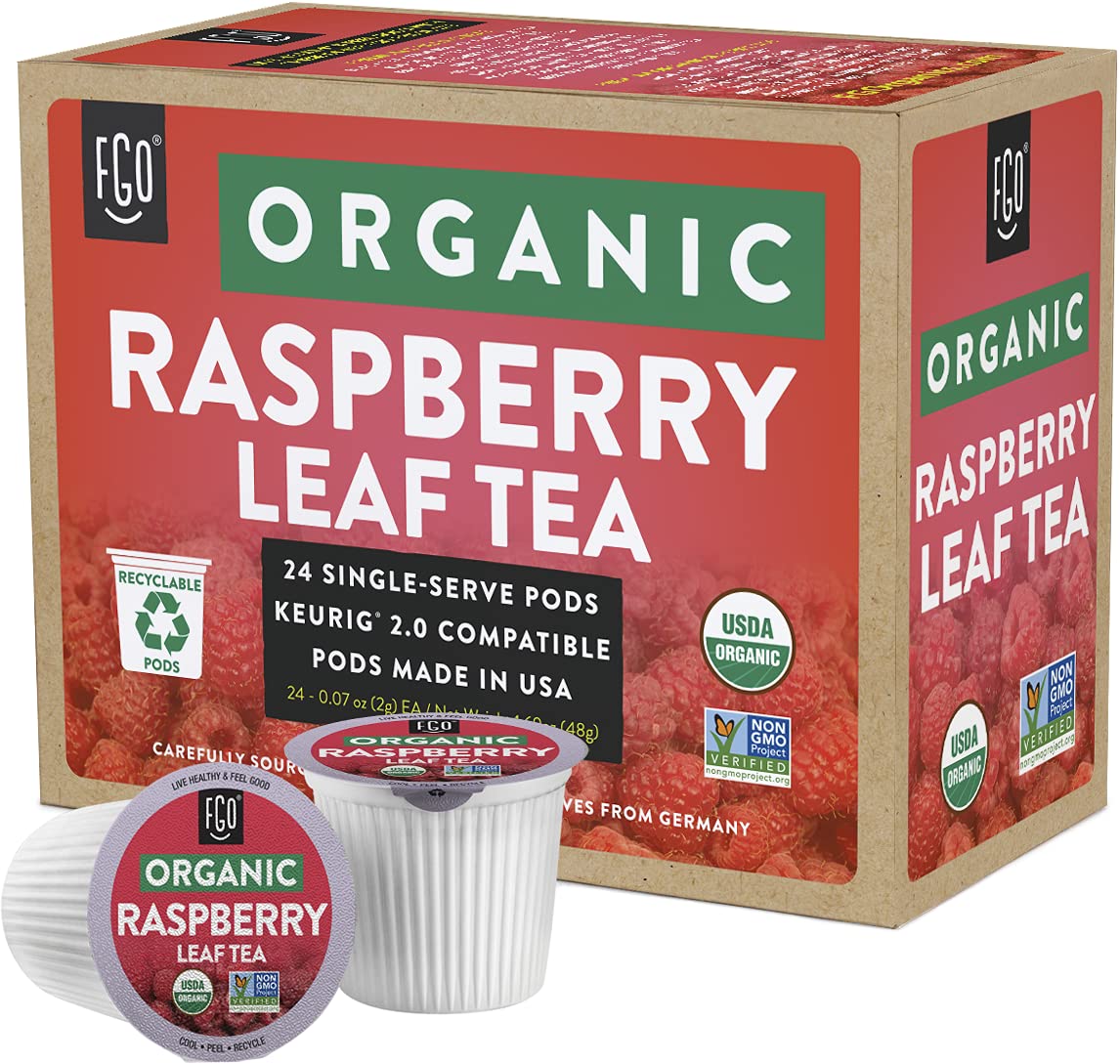 FGO Organic Raspberry Leaf Tea K-Cup Pod close-up showing organic ingredients and label