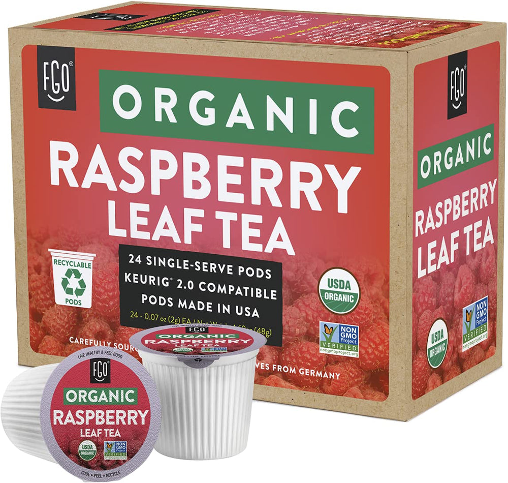 FGO Organic Raspberry Leaf Tea K-Cup Pod close-up showing organic ingredients and label