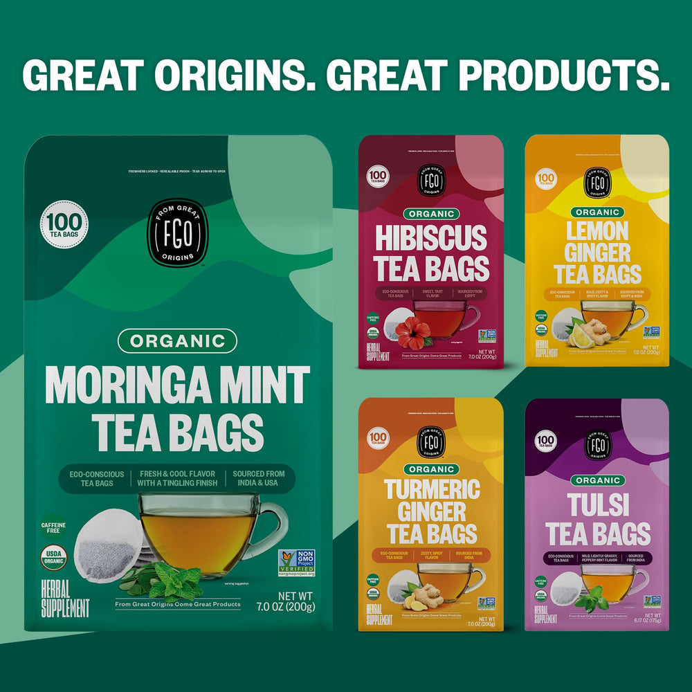 Resealable bag keeps FGO Organic Moringa Mint Tea fresh between uses.