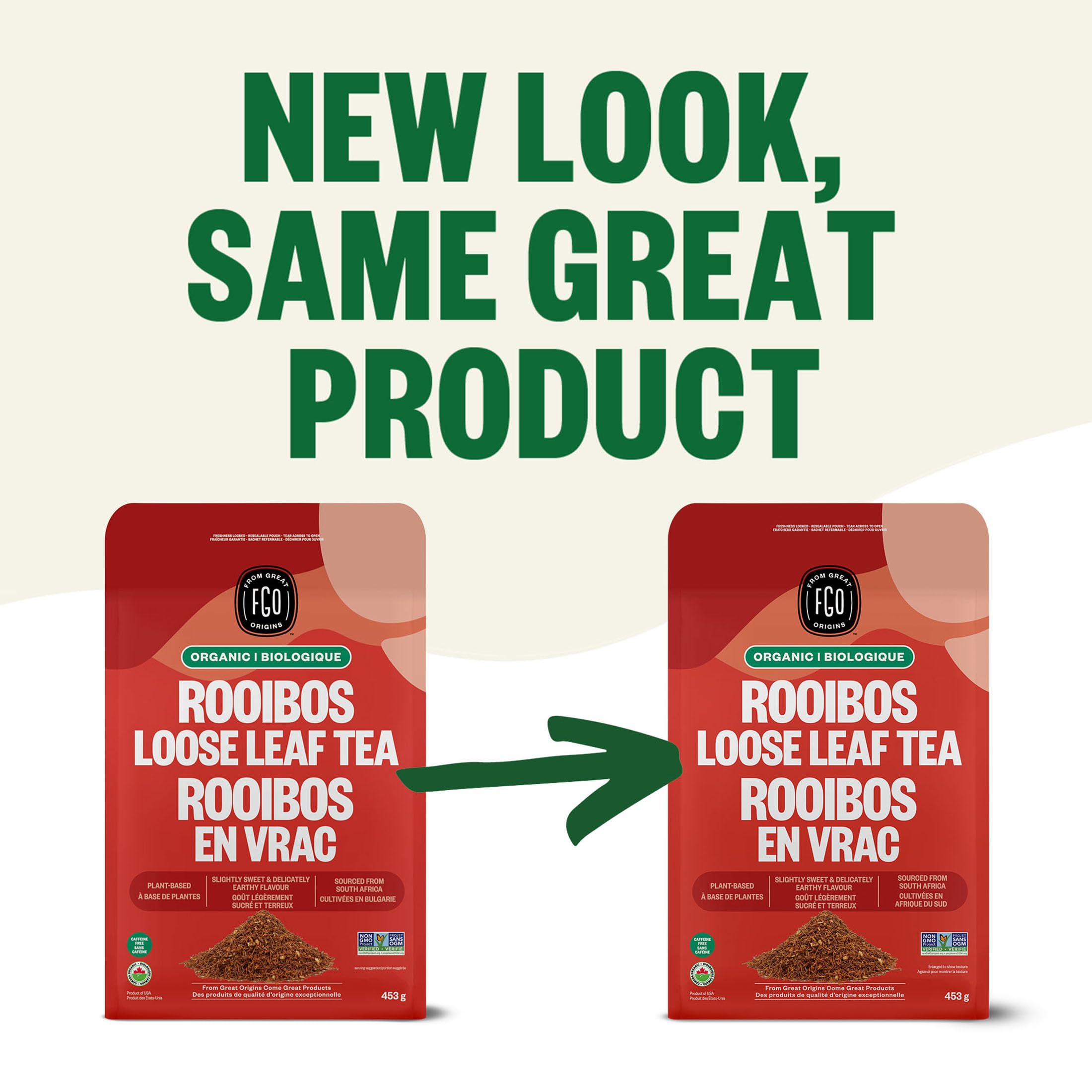 FGO Rooibos organic and non-GMO seals indicate trusted quality.