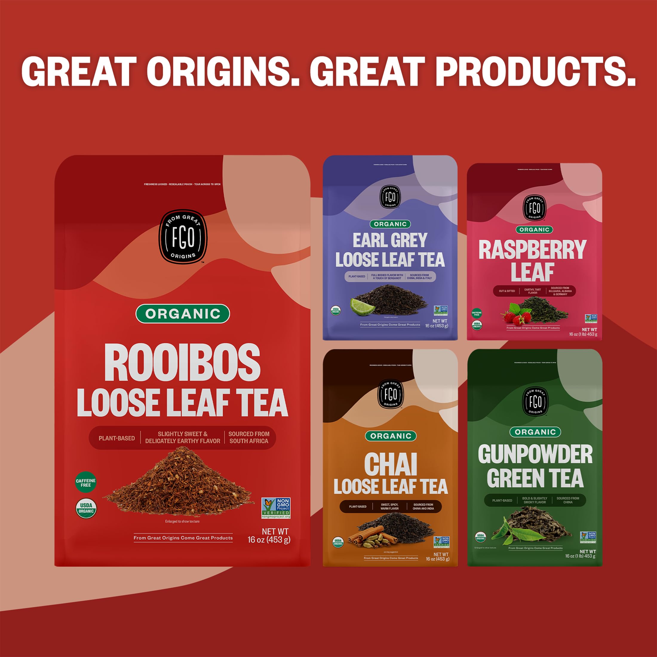 FGO Rooibos loose-leaf close-up highlights natural leaf texture.