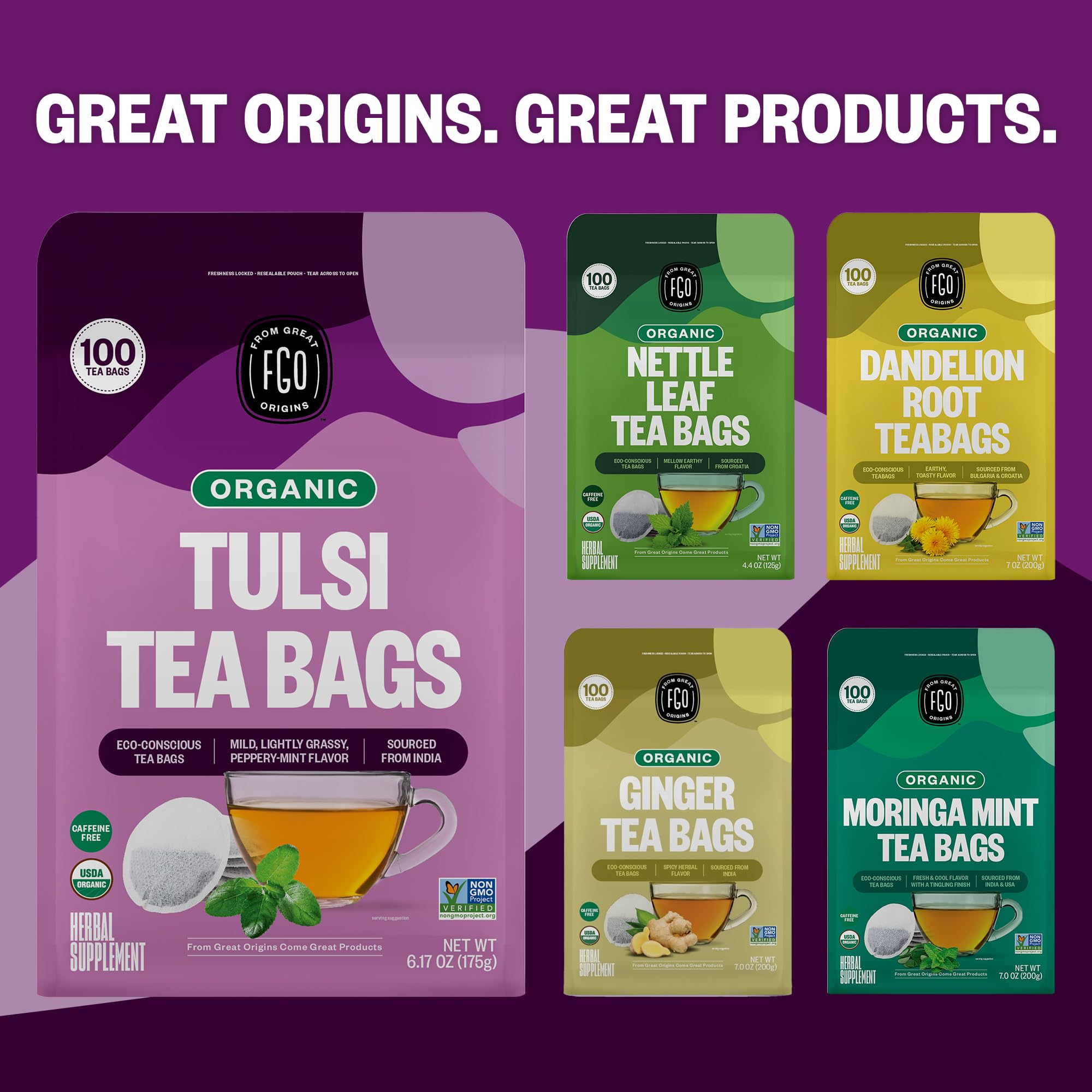FGO Tulsi tea bags highlight eco-friendly packaging and aroma.