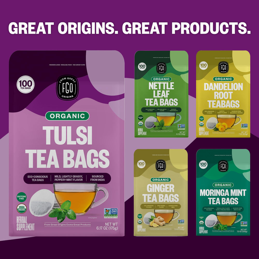 FGO Tulsi tea bags highlight eco-friendly packaging and aroma.