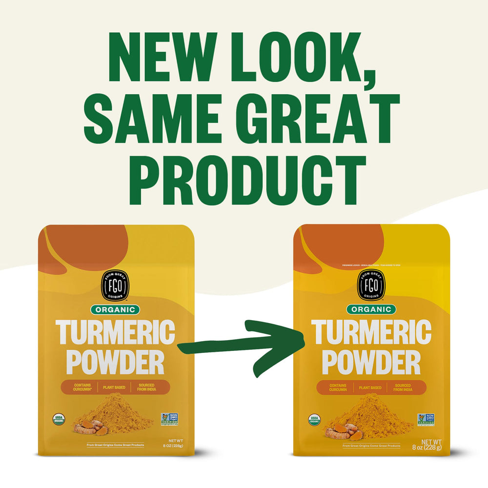 FGO Organic Turmeric Powder closeup highlighting curcumin, vivid pigment for everyday meals