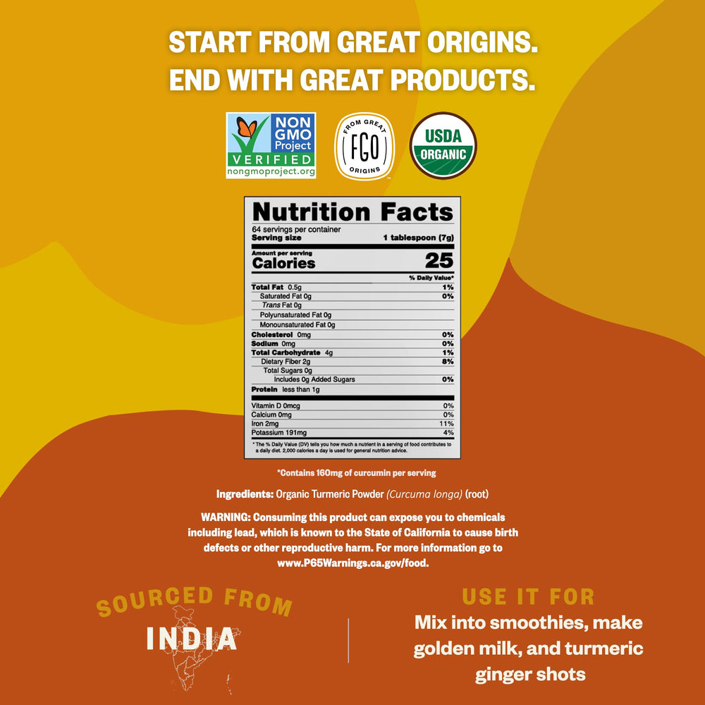 FGO Turmeric Powder with Curcumin from India adds color and depth to dishes.