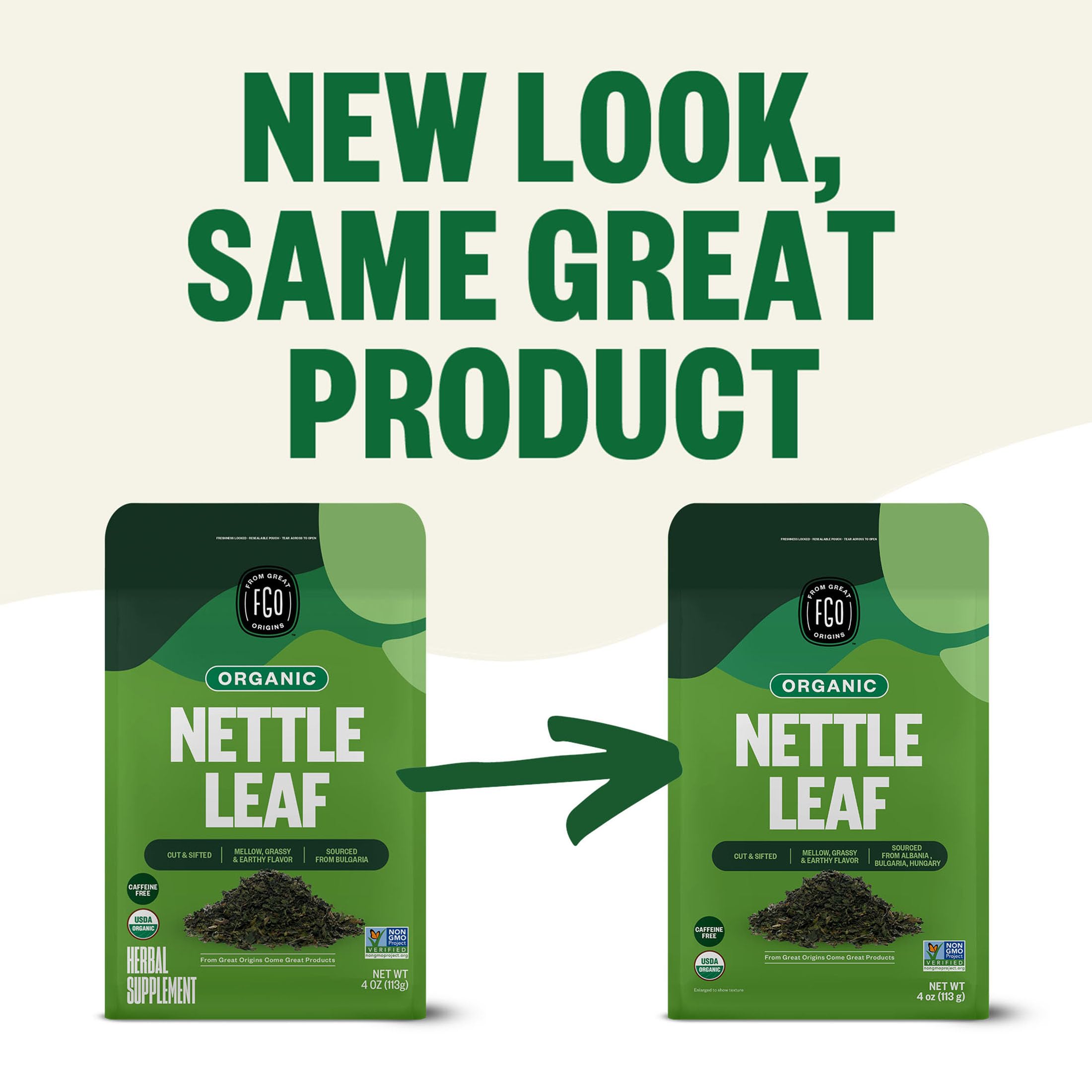 FGO nettle tea USDA Organic seal indicating certified organic harvest.