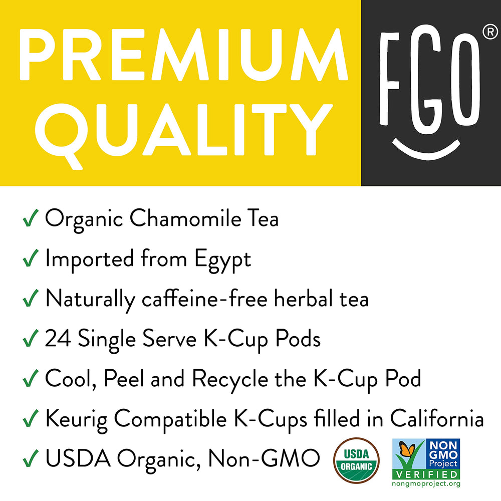 USDA Organic and Non-GMO seals on FGO chamomile tea
