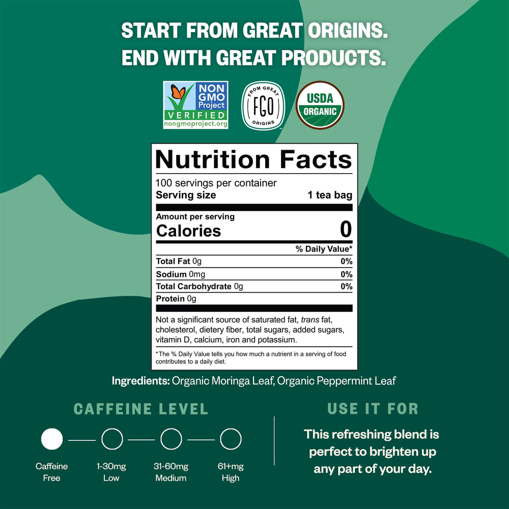 USDA Organic seal on FGO Organic Moringa Mint Tea packaging.