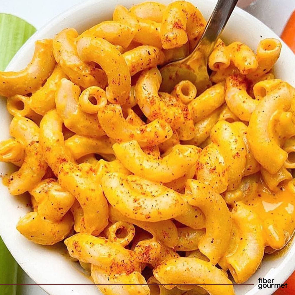 Fiber Gourmet packaged elbow macaroni baked dish prepared for meal
