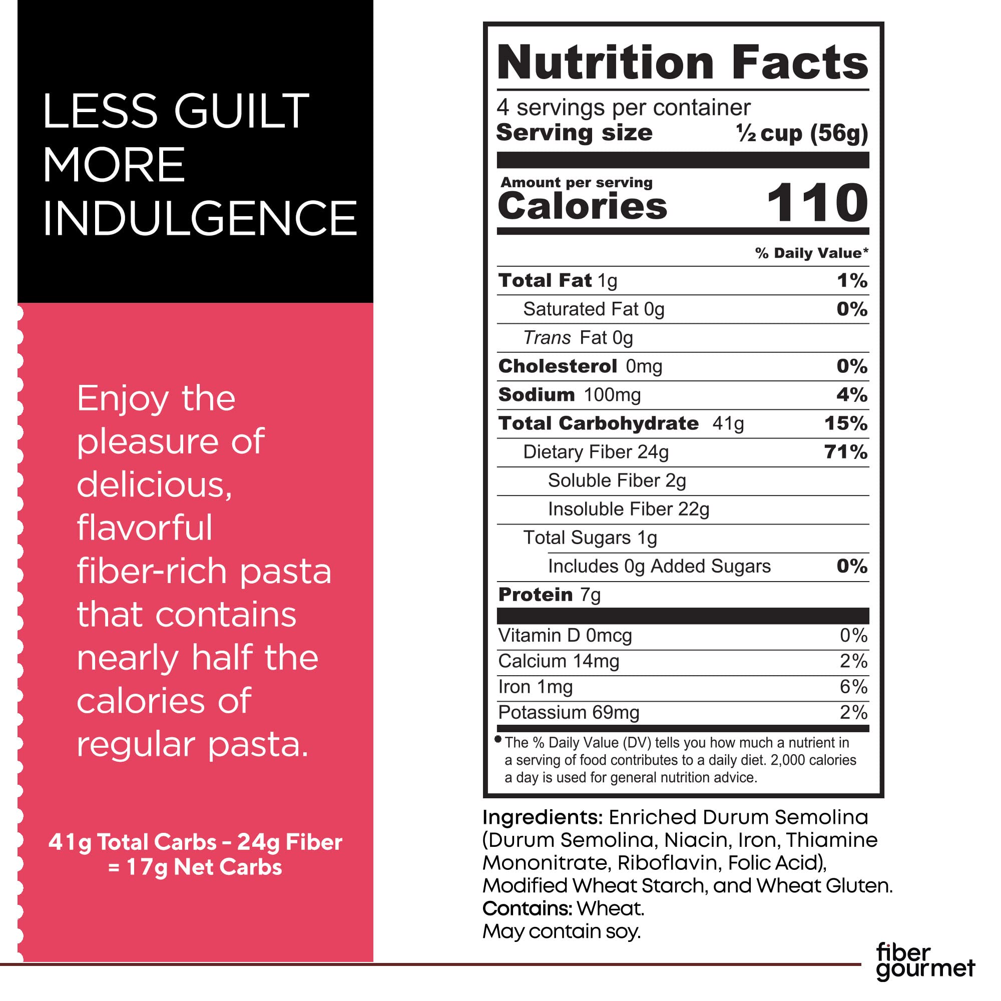 Close-up of Fiber Gourmet Light Penne box showing non-GMO and Italian craft.